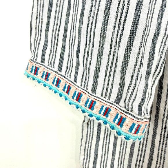 J. Jill White Blue Stripe Colorful Embroidered Ethnic Boho Festival Linen Jacket - Picture 9 of 13